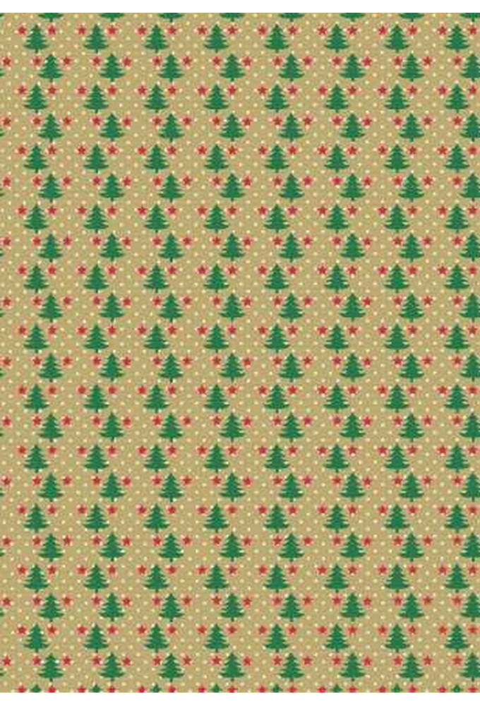 Kerstpapier Bruin Kraft Trees With Groen Rood Wit 40cm x 250meter