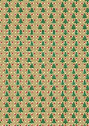 Kerstpapier Bruin Kraft Trees With Groen Rood Wit 40cm x 250meter