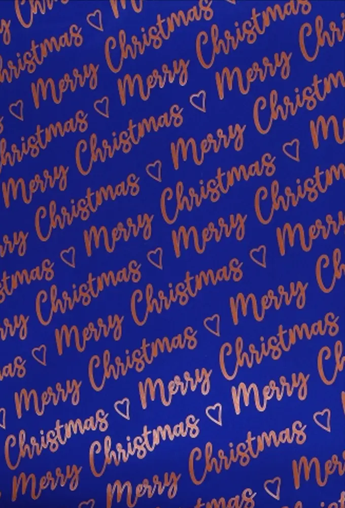 Kerstpapier Merry  Christmas Wishes Blue Copper 70cm x 100meter