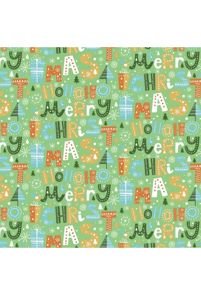 Kerstpapier Metallic Ho Ho Merry X Mas Green  70cm x 100meter