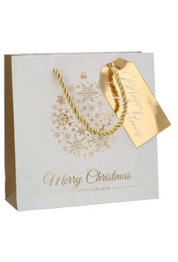[K1330037] Kersttasjes Vierkant Merry Christmas Golden Ball 17x6x17cm 10stuks